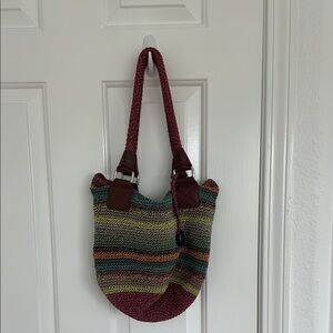 The Sak Zipped Boho Purse, Multicolor Knit Shoulder Bag, Brown Faux Leather